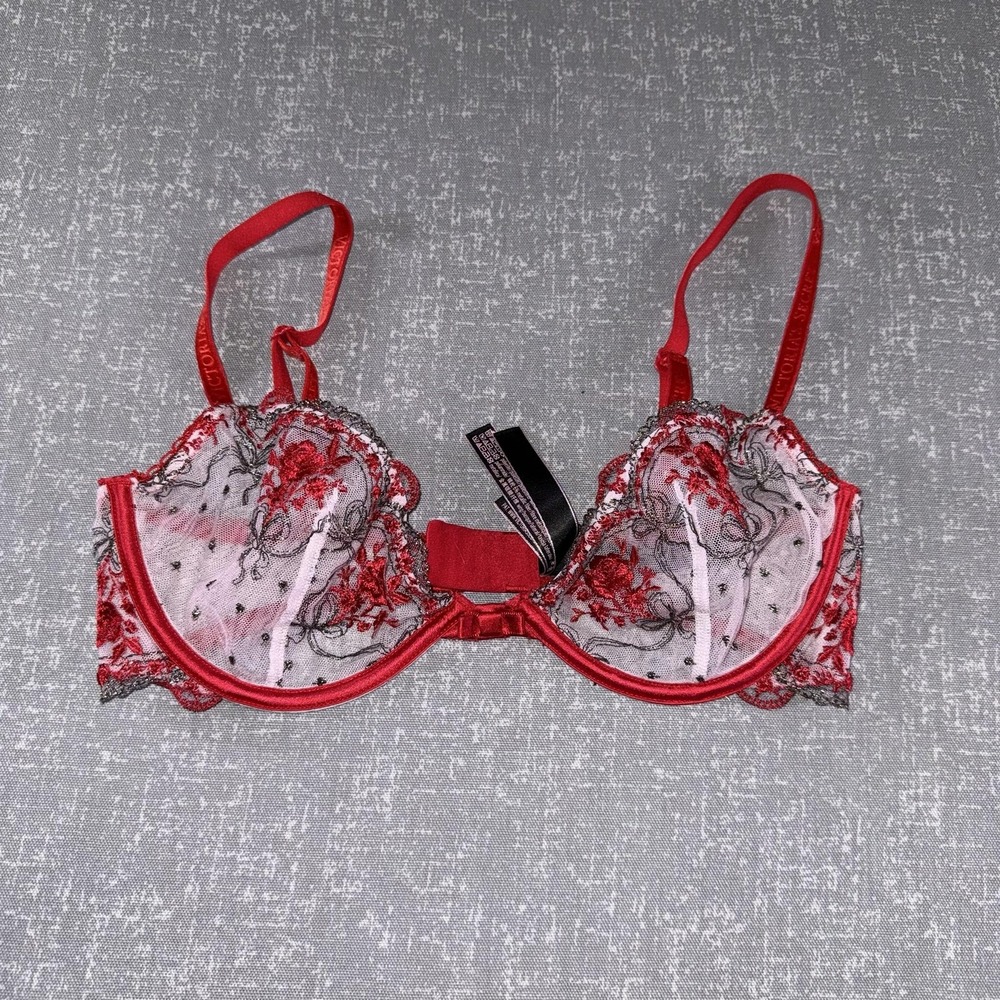 Victorias Secret Very Sexy Bra Womens 34C Red Lace Floral Underwire Unlined